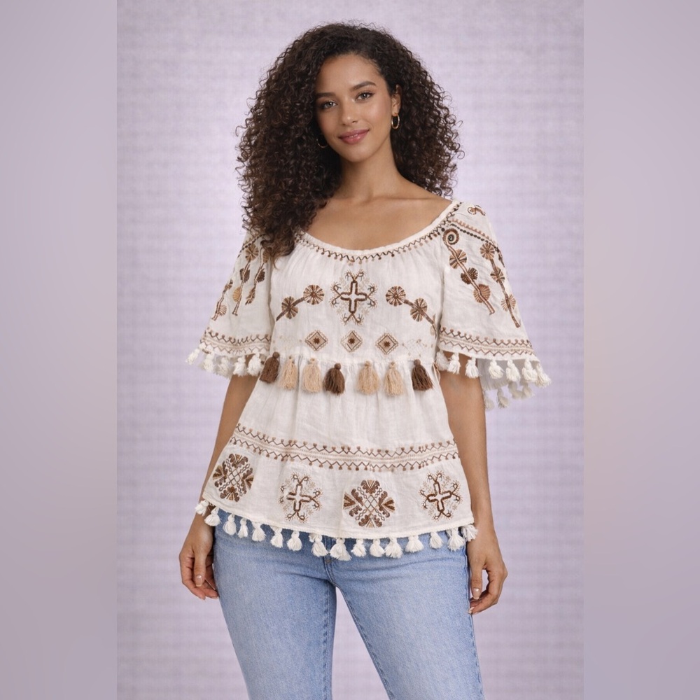 AREA Stars Ivory Brown Embroidered Tasseled Cotton Geometric Tunic Blouse XS